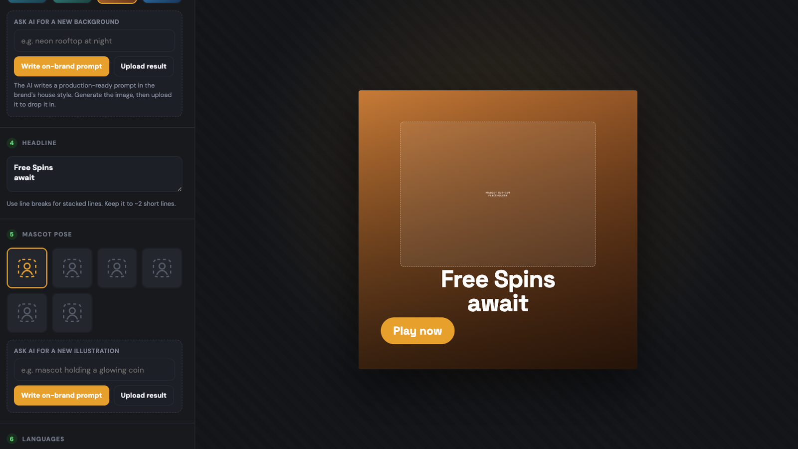 Creative banner builder in a brand's house style with AI background and illustration prompts (sample data)