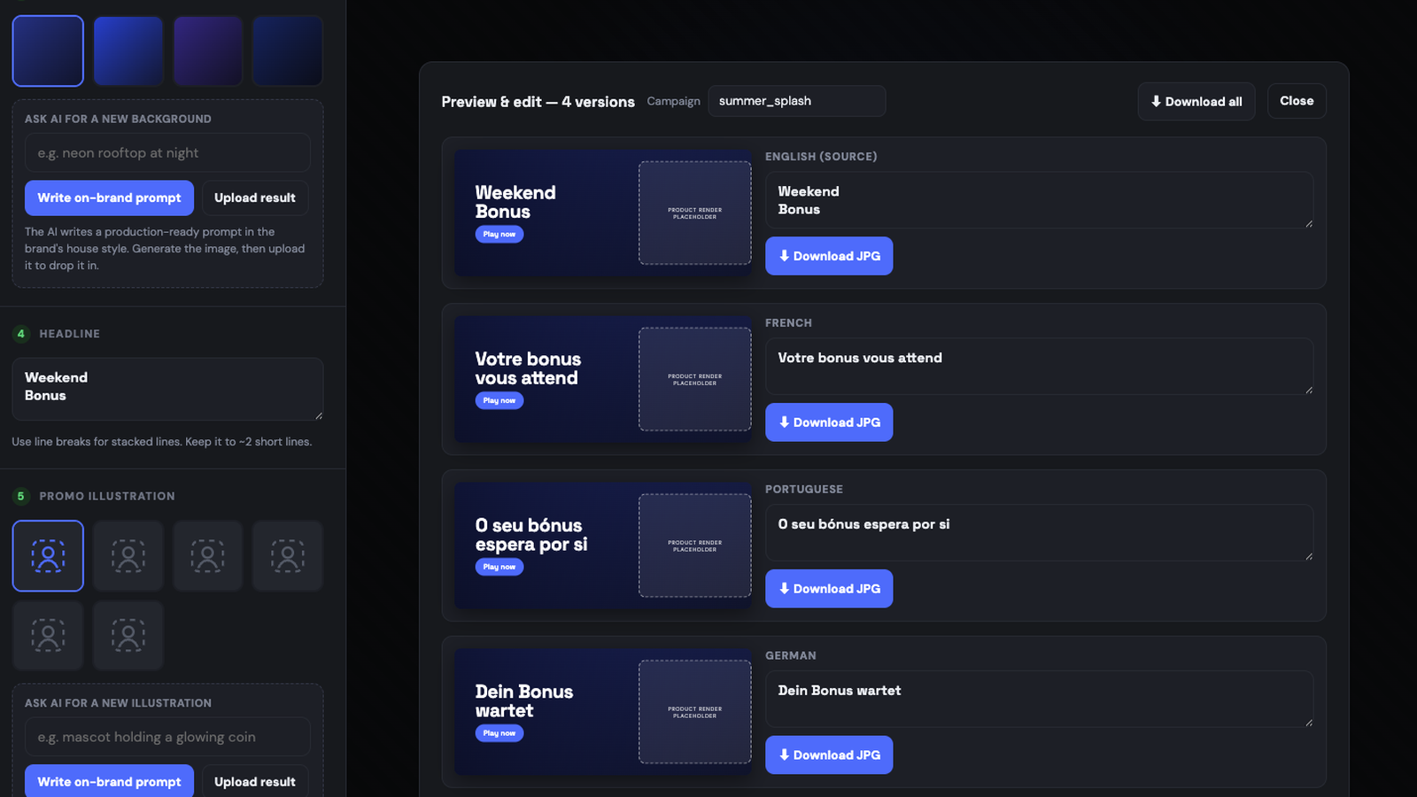 Banner builder previewing one creative transcreated into English, French, Portuguese and German (sample data)
