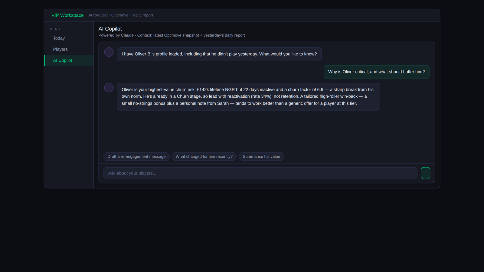 VIP Workspace AI Copilot chat about a player (sample data)