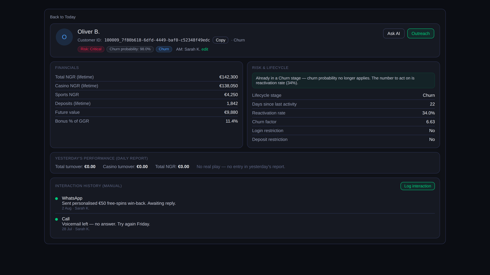 VIP Workspace player profile: financials, risk and lifecycle (sample data)
